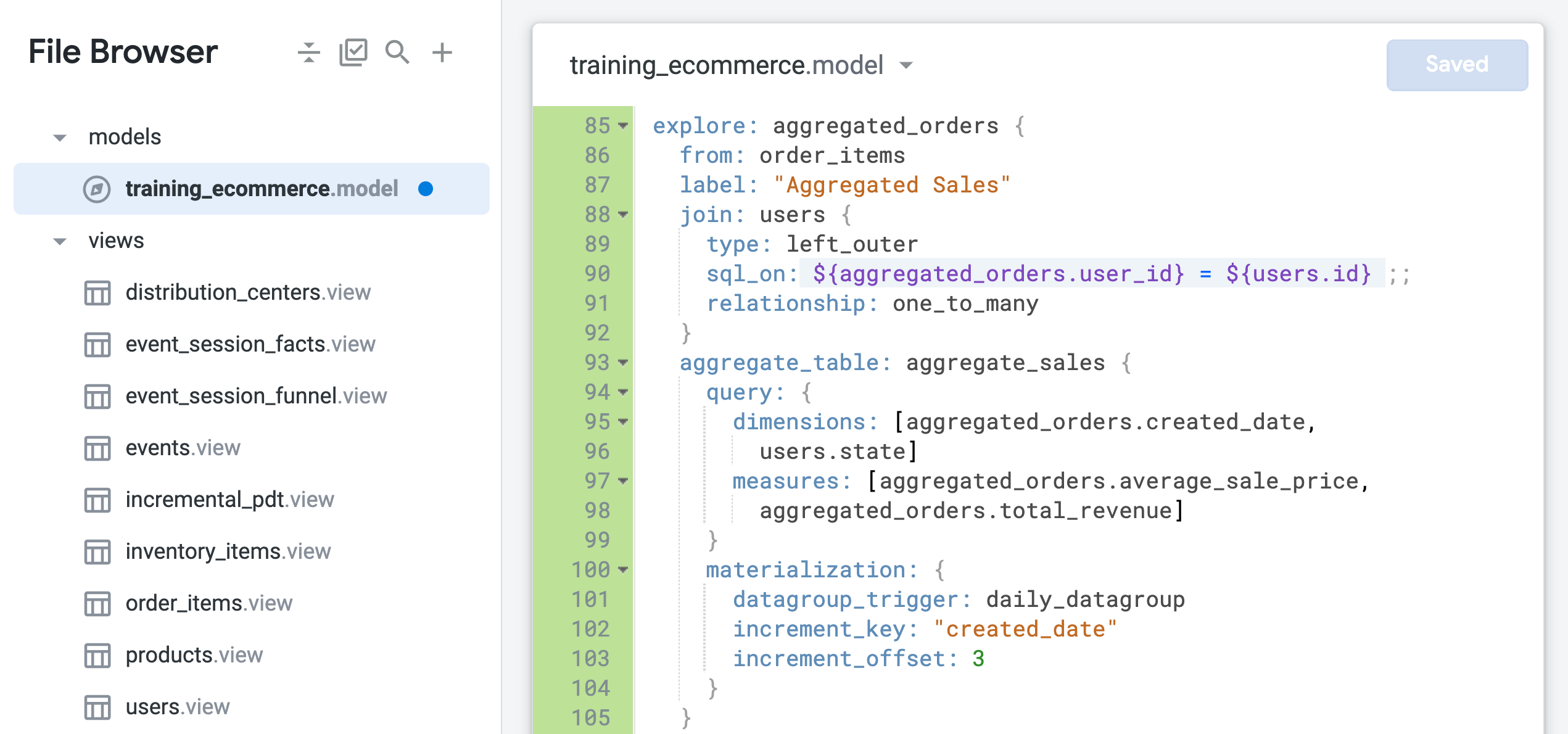 The training_ecoomerce.model file displaying lines of code for aggregate sales explore
