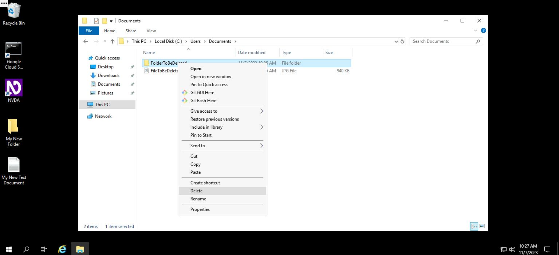 Screenshot of File Explorer in the "Documents" folder. Within the folder, there is a folder called "Folder to be deleted". The cursor has opened the right-click / context menu and has highlighted the "Delete" option.