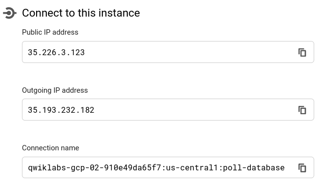 The Connect to this instance dialog box displaying the public and outgoing IP addresses, as well as the connection name