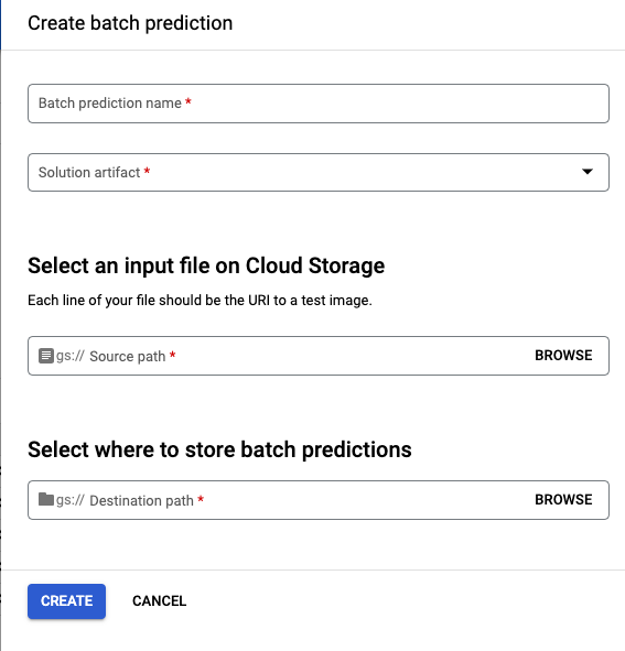 The Create batch prediction dialog box