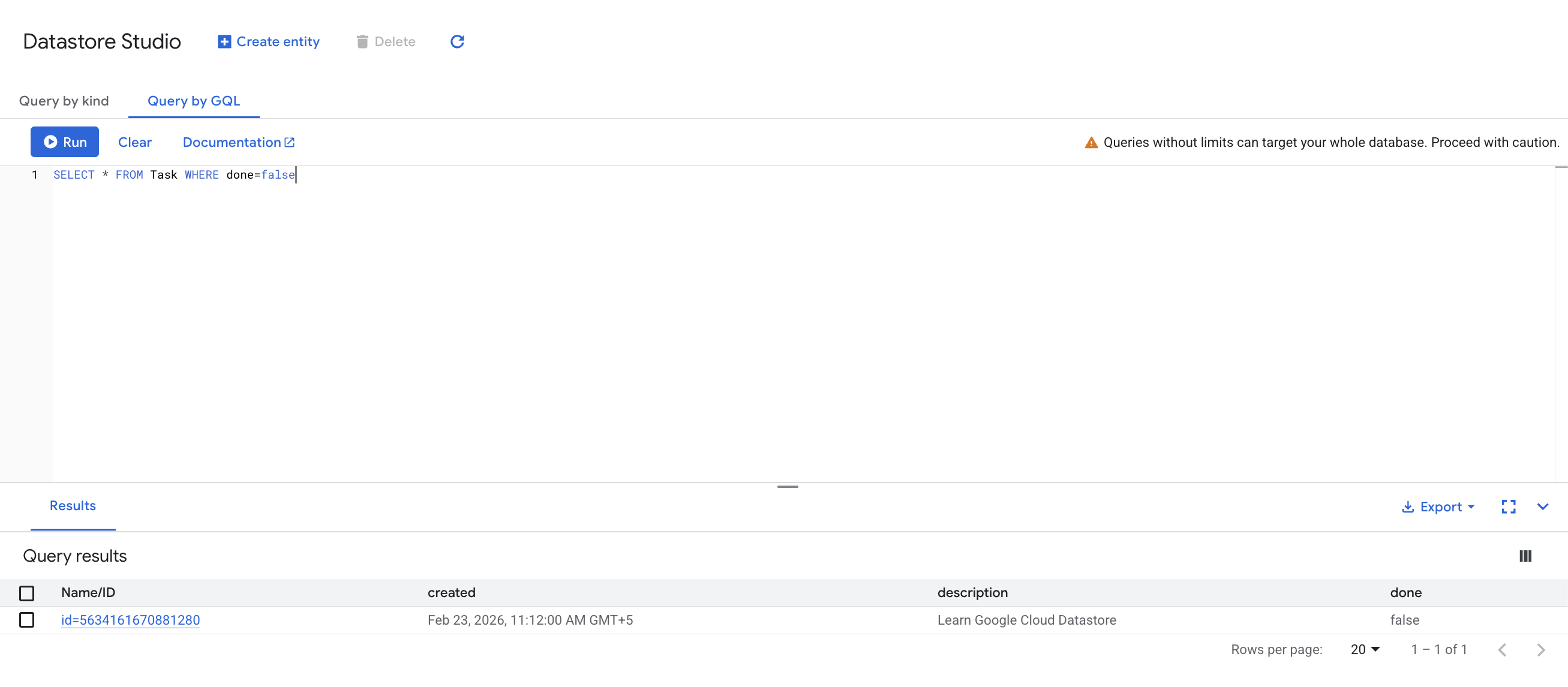 The task entity populated in the Query by GQL tab.