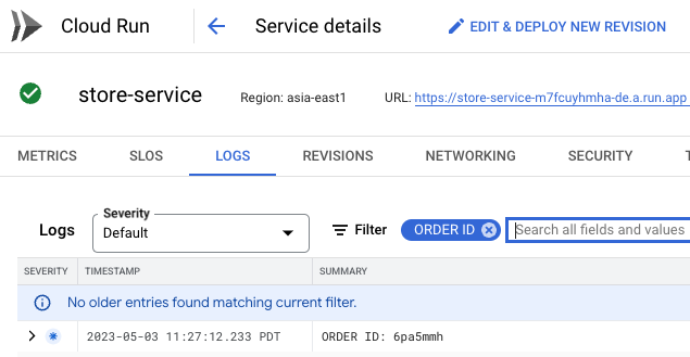 The logs tabbed page displaying the generated order ID