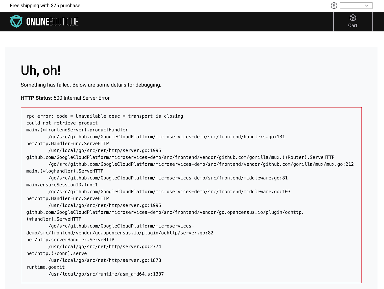 Loja on-line mostrando o erro de status HTTP: 500 internal server error.