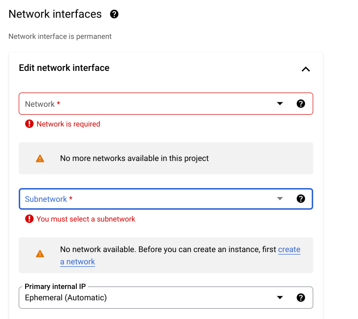 Network interfaces dialog box displaying the highlighted Network error message: Network is required