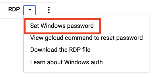 The option Set Windows password highlighted in the RDP drop-down menu.
