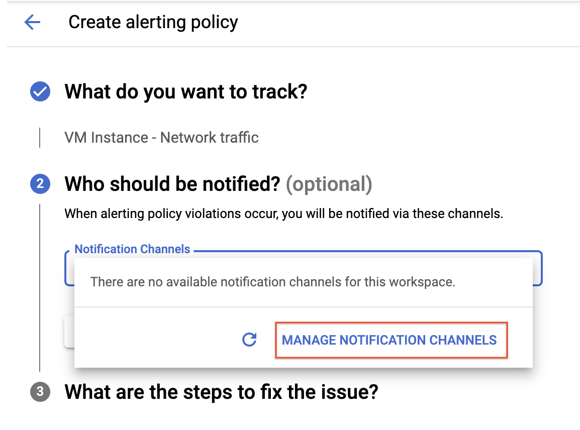 La página Crear política de alertas, que incluye una ventana emergente y el botón Administrar canales de notificaciones destacado.
