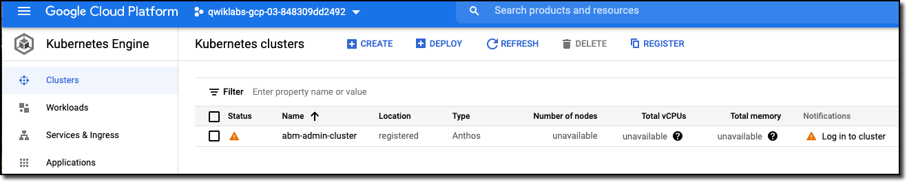 The GKE admin cluster listed on the Clusters page, along with its location and status.
