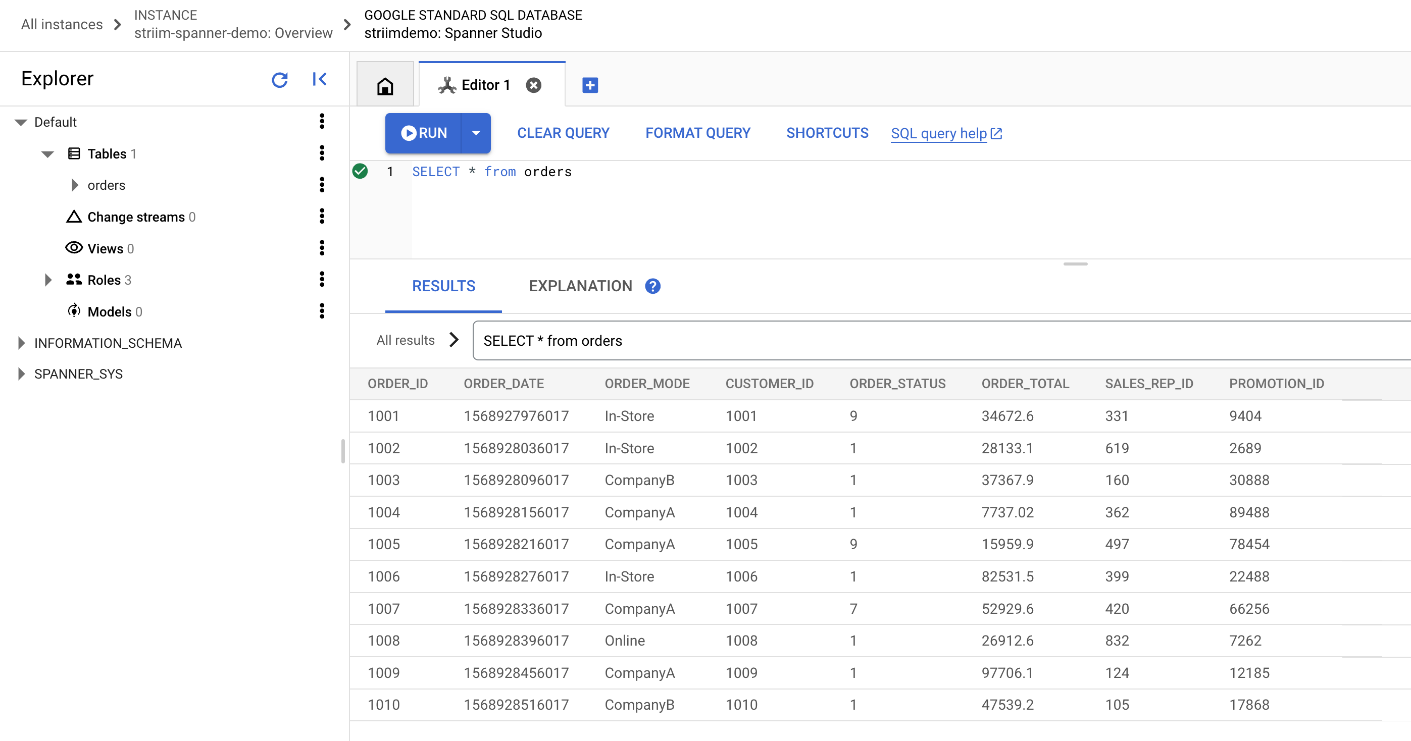 The Results tabbed page, which lists several orders and their details.