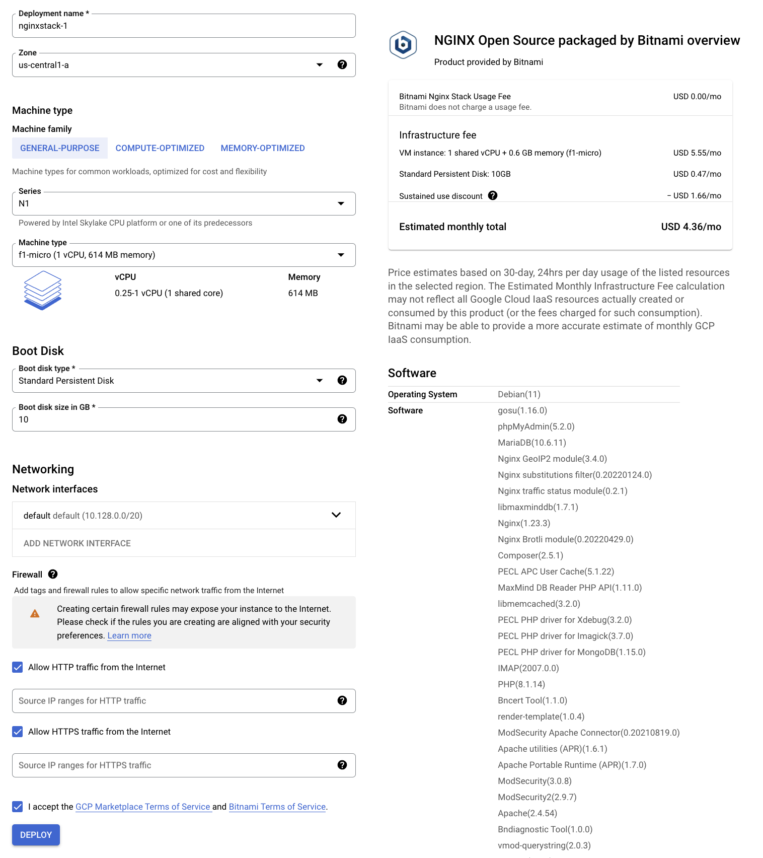 La nueva pila de NGINX, que incluye información sobre las herramientas de redes, el disco de arranque y el firewall, junto con el botón Implementar.