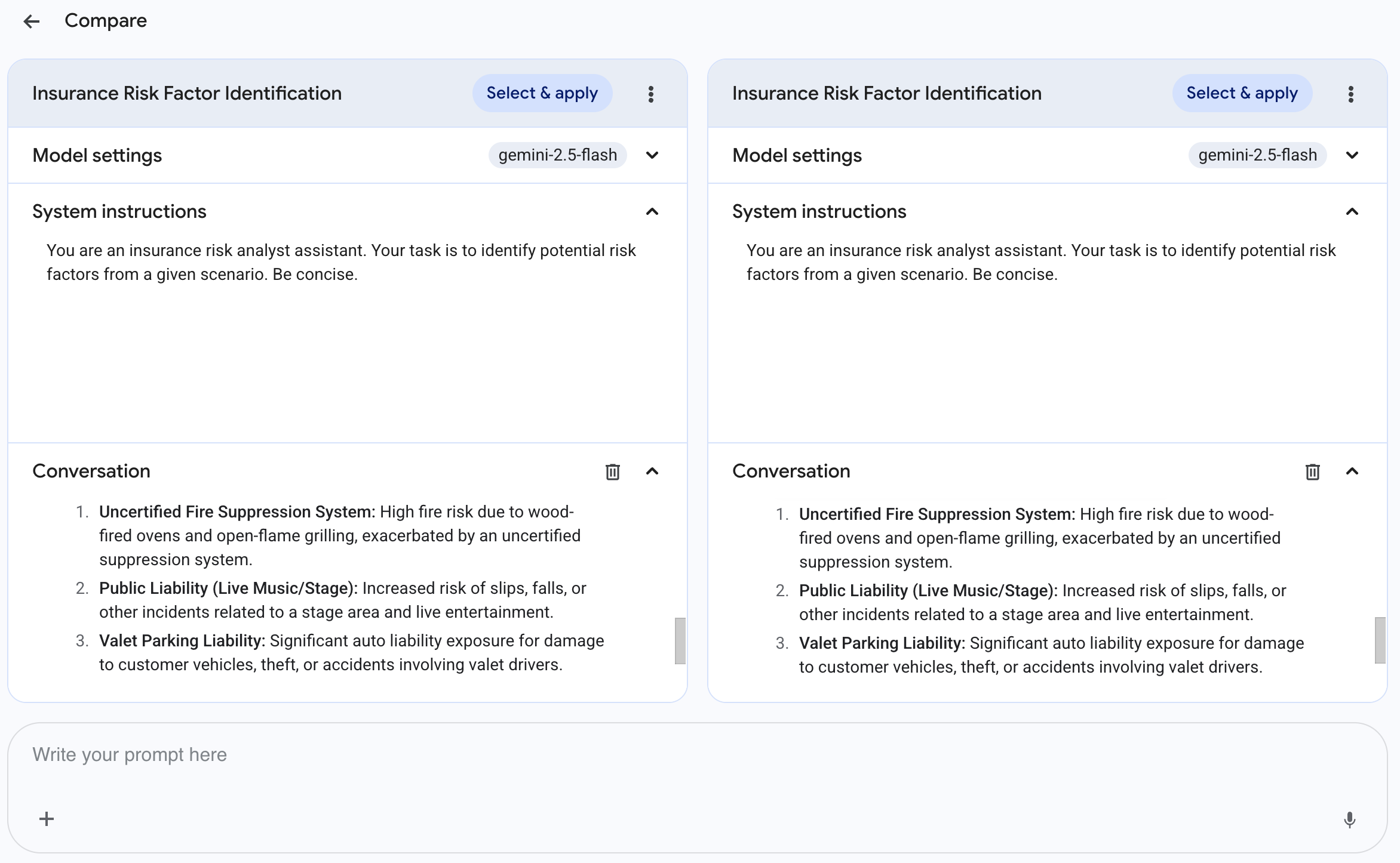 Compare prompts page overview
