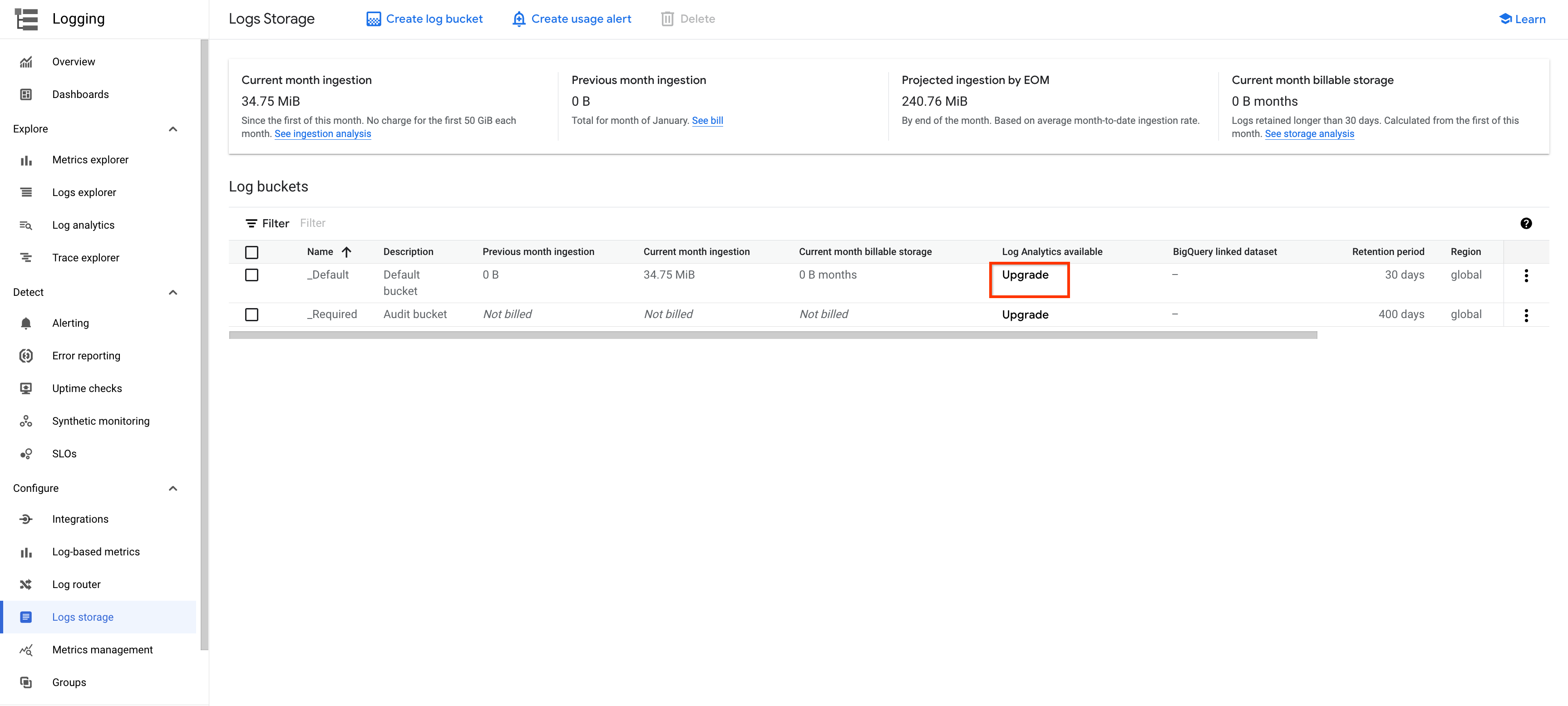 painel de detalhes do bucket com 2 caixas de seleção marcadas