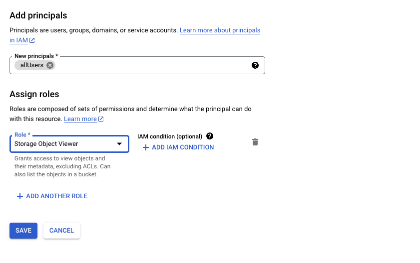 Add principlas page allUsers with Storage Object Viewer role