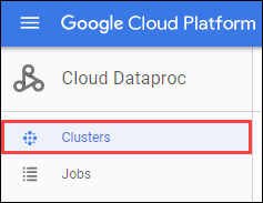 The Cloud Dataproc menu with the Clusters option highlighted