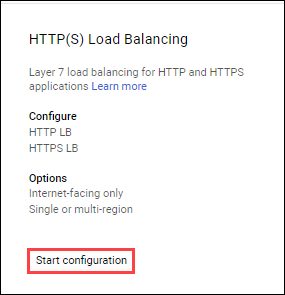 HTTP(S) Load Balancing section and Start configuration option highlighted