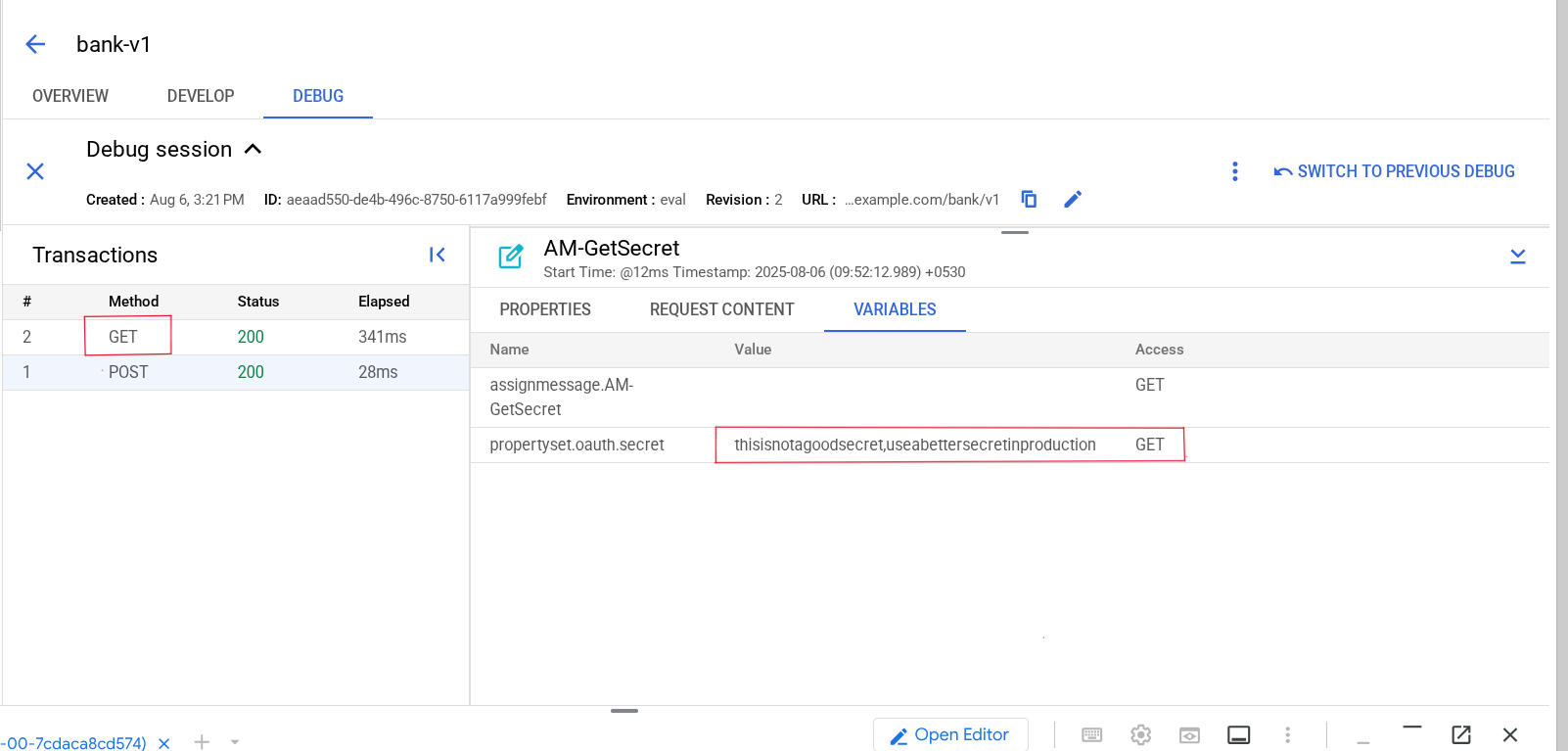 The Apigee UI page, with the AssignMessage icon and Variables Read description highlighted.