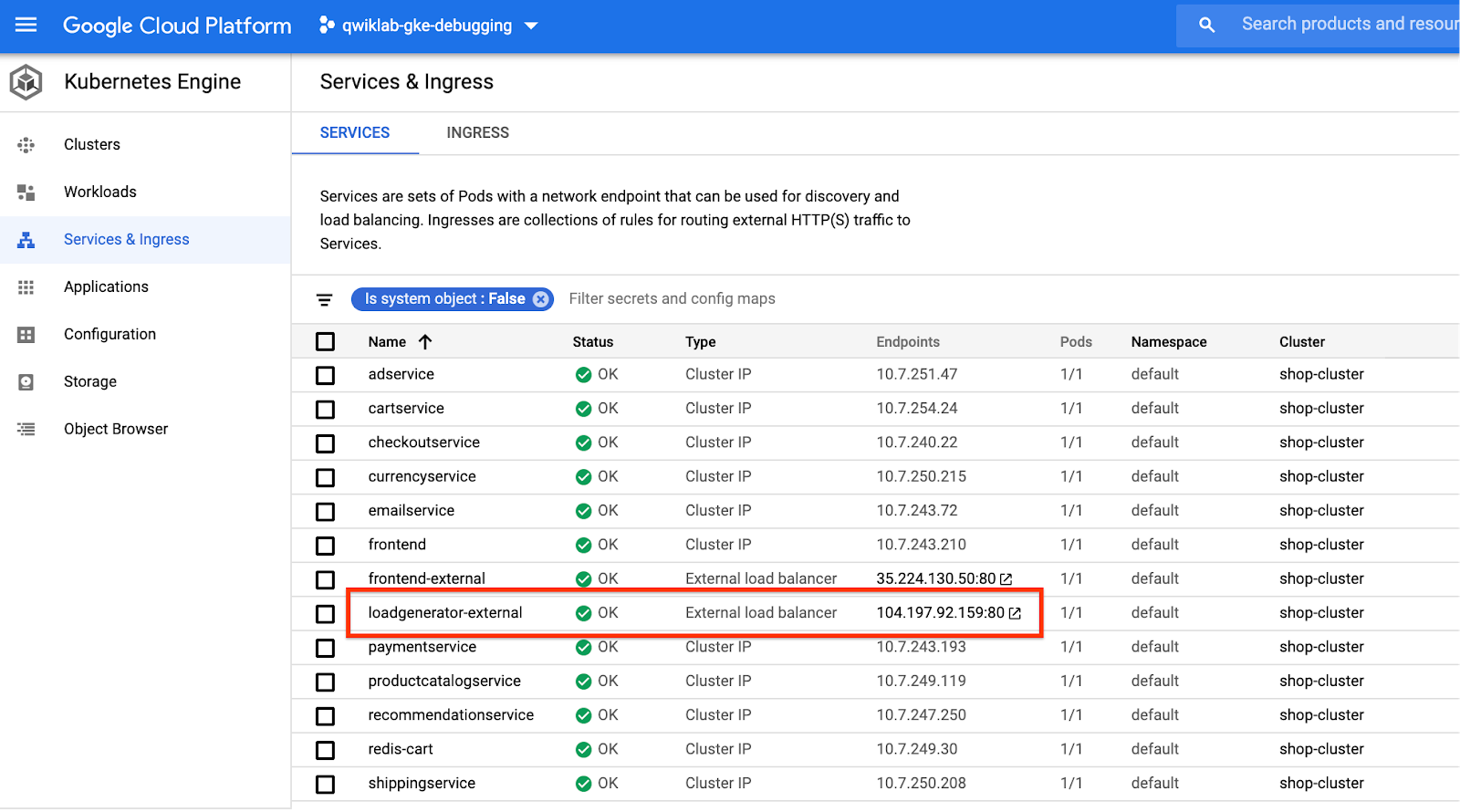 Página &quot;Serviços e entrada&quot; aberta com a guia &quot;Serviços&quot;, que exibe em destaque o serviço loadgenerator-external e o link dos endpoints.