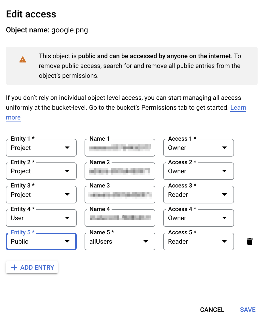 Edit access page, which lists the entities and includes the Save and Cancel buttons