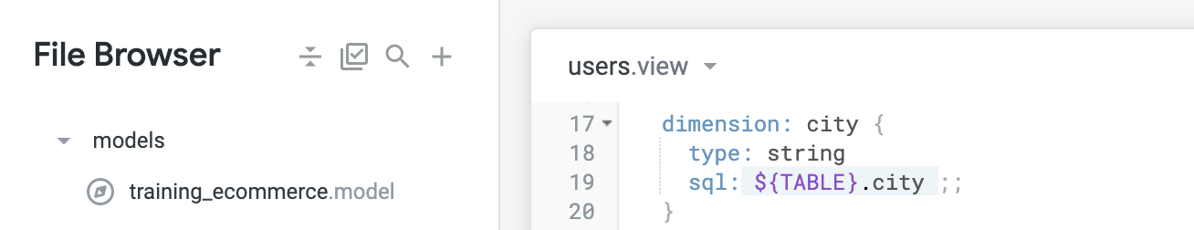 users.view file displaying dimension: city {