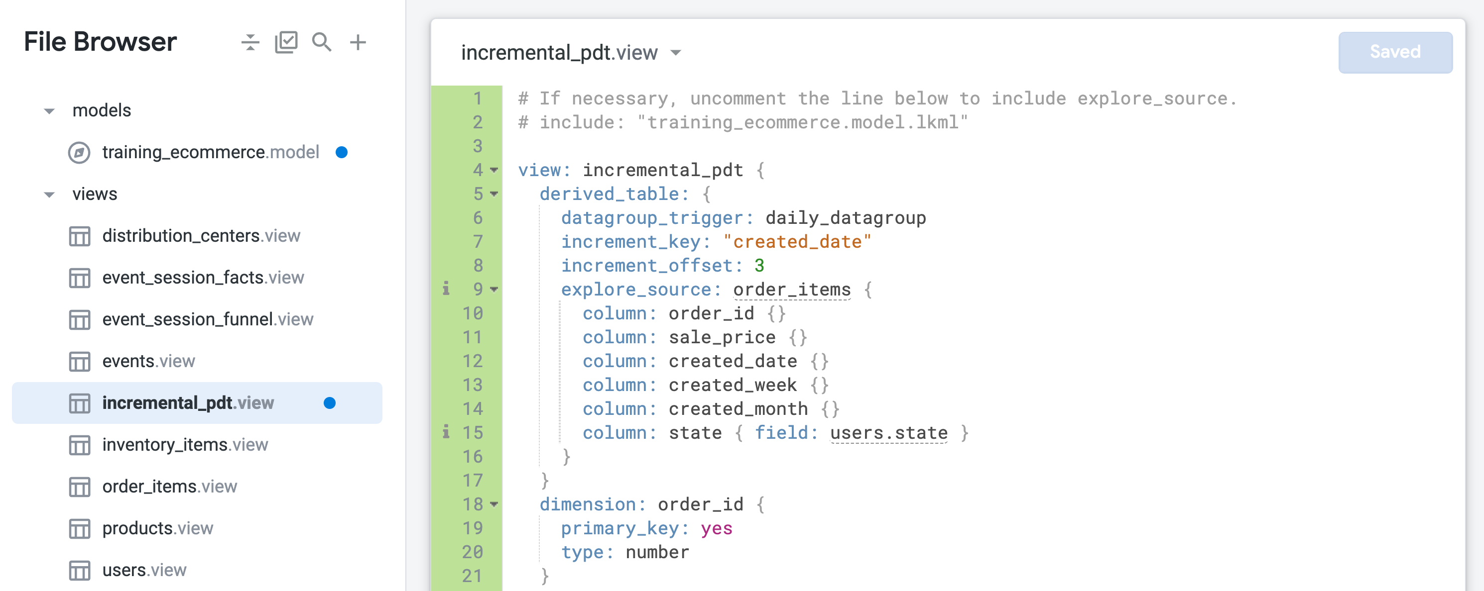 The updated incremental_pdt.view file displaying lines one to 21