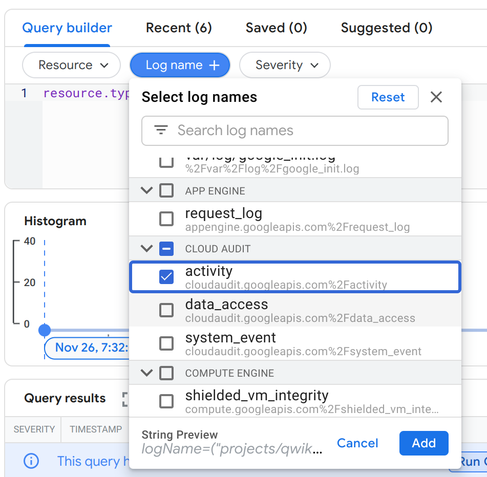 Log Name selector dropdown menu and Cloud Audit > activity highlighted