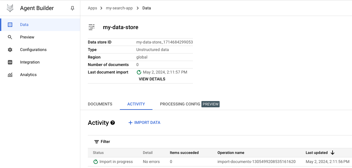 status indicating data import activity
