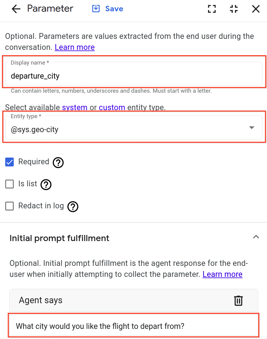 Initial prompt fulfillment section with Agent says field populated