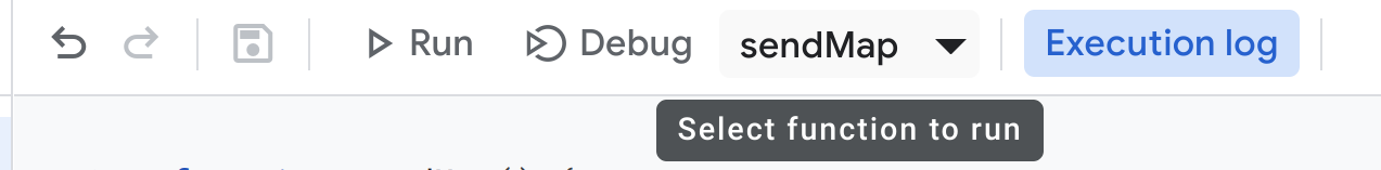 La barra de menú Editor de código muestra sendMap como la función que se ejecutará