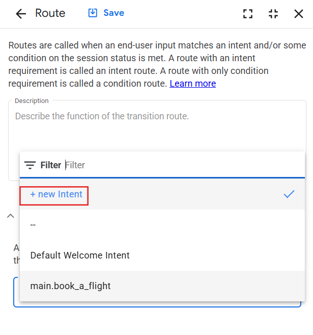 Intent drop-down menu with + new intent option highlighted