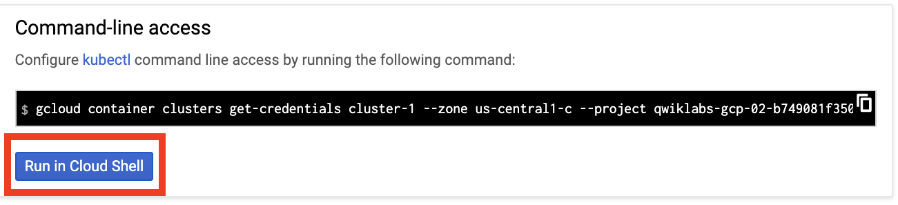 The Run in CLoud Shell button highlighted on the Command-line access page