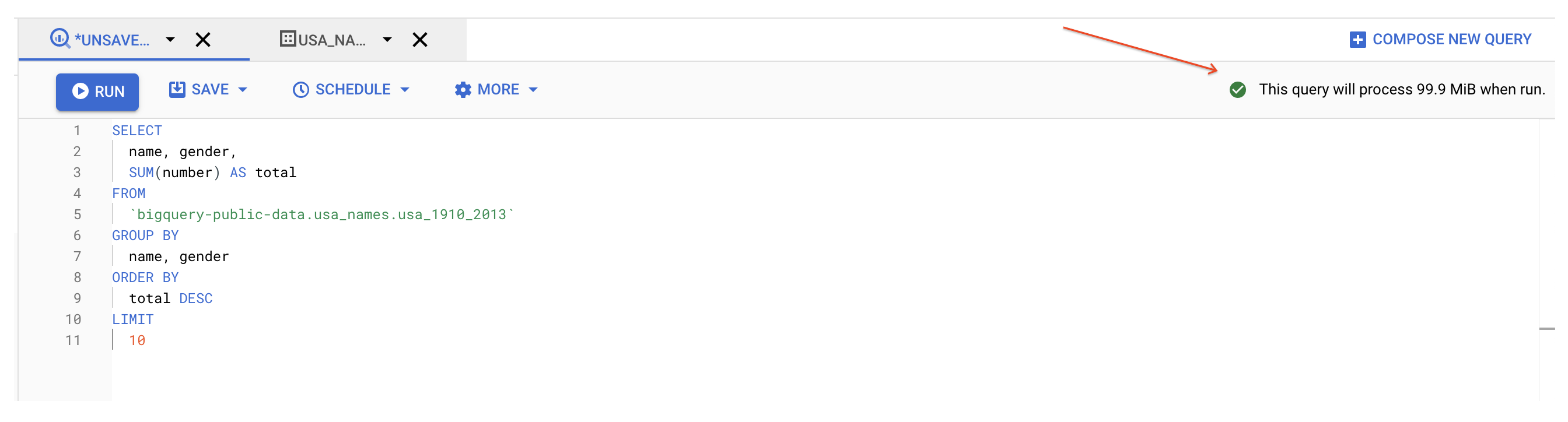 The query validator highlighted in the Query editor