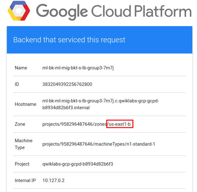 Webpage showing Google Cloud logo and instance details from the group in us-east1