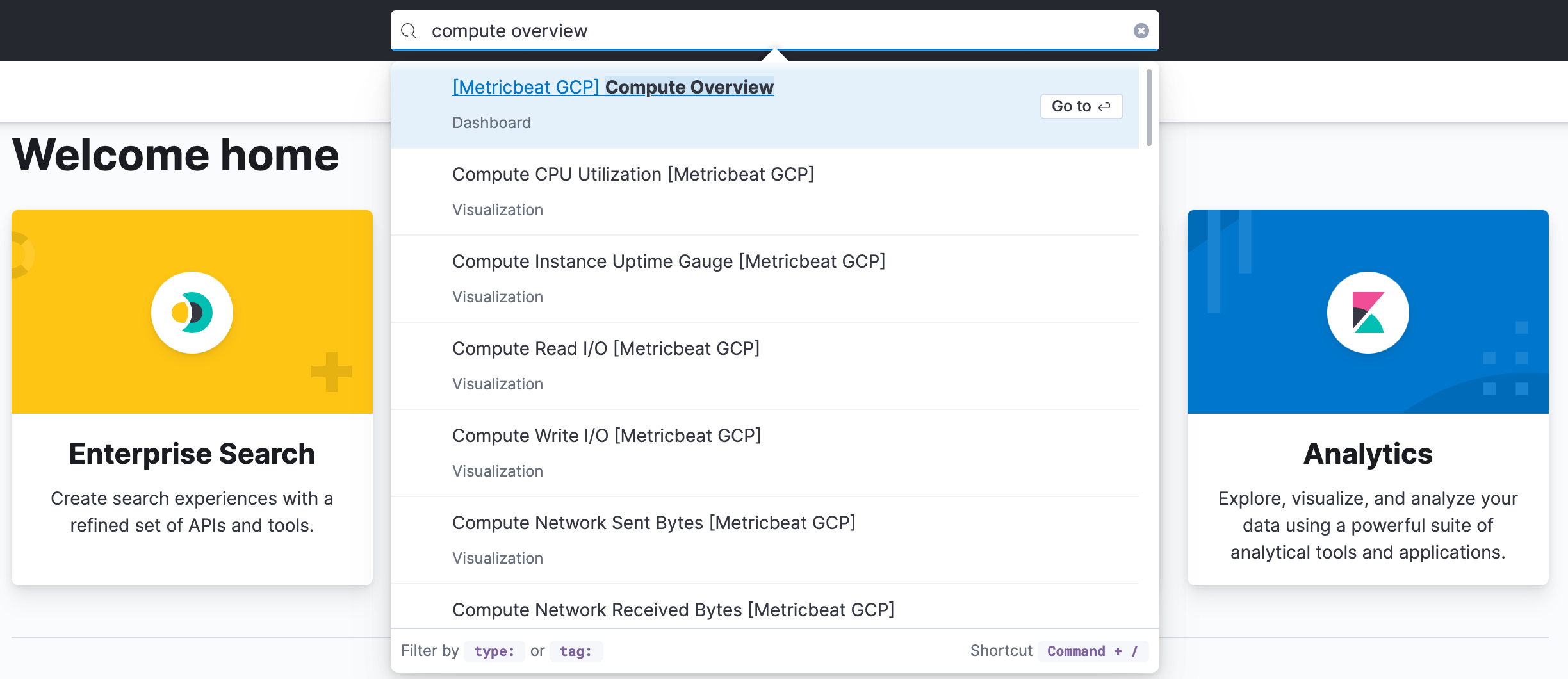 The compute overview search results with '[Metricbeat GCP] Compute Overview' selected