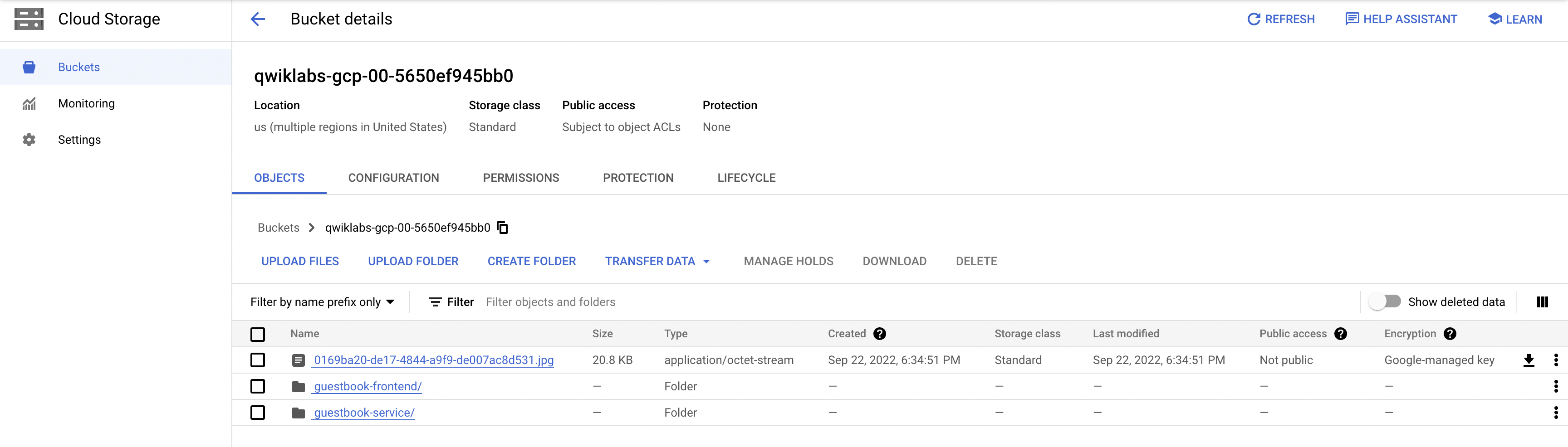 The Bucket details page displaying the guestbook-frontend and guestbook-service folders