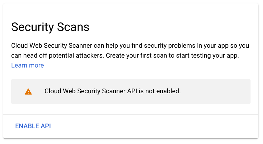 Security Scans page displaying ENABLE API link