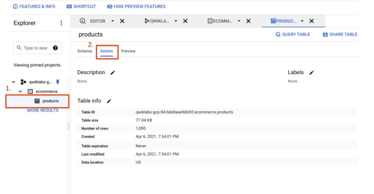 The Details tab for the products table