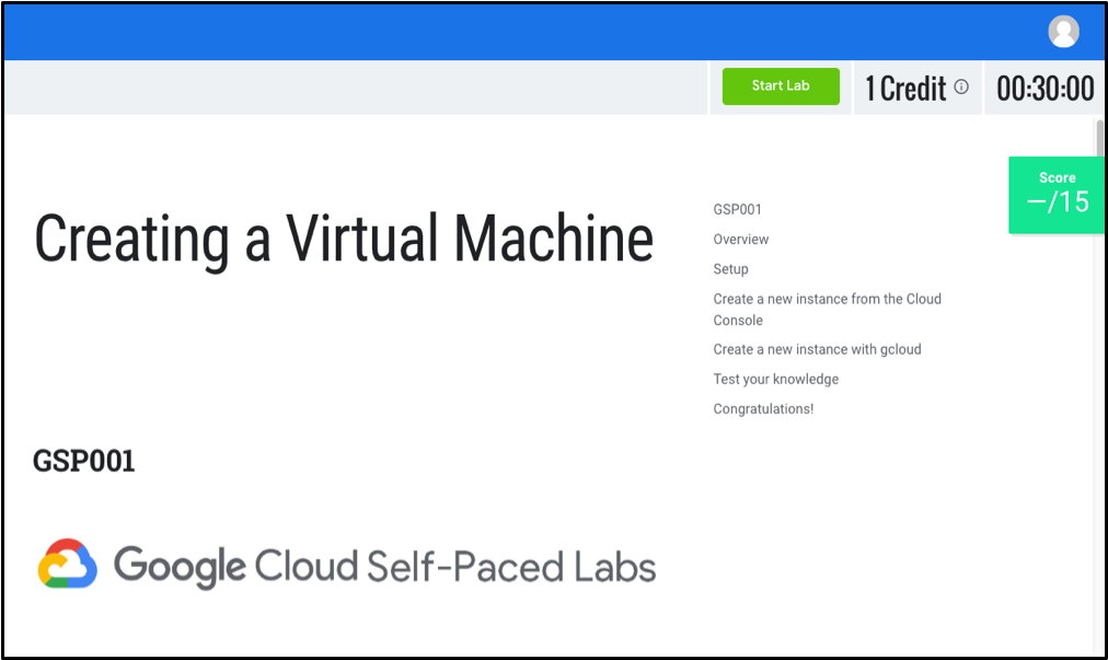 Lab example displaying the lab title, menu, start lab button, credit, time and score details