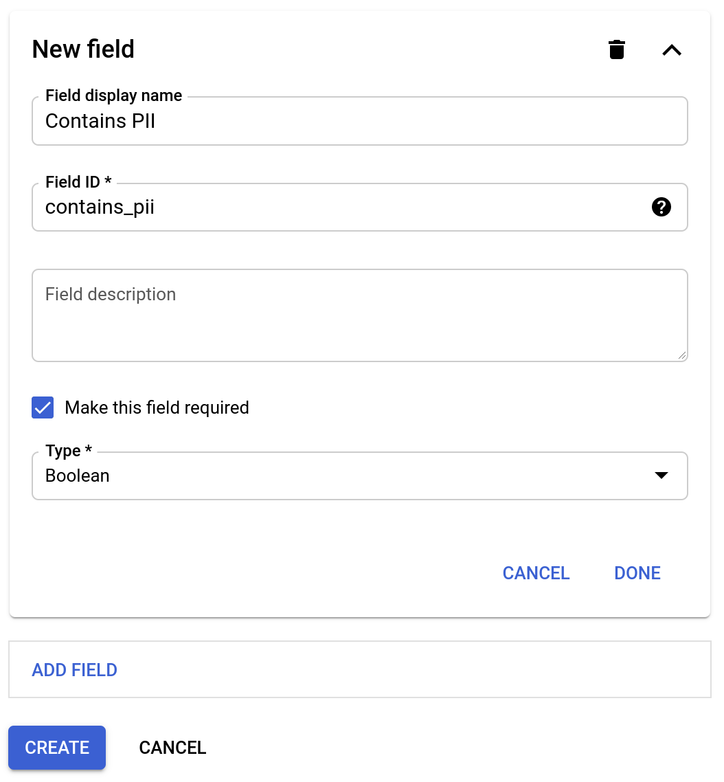The New field dialog displaying the aforementioned values