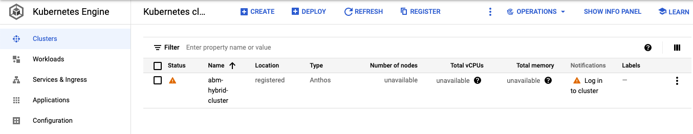 The Clusters page, which has the single Anthos cluster listed.