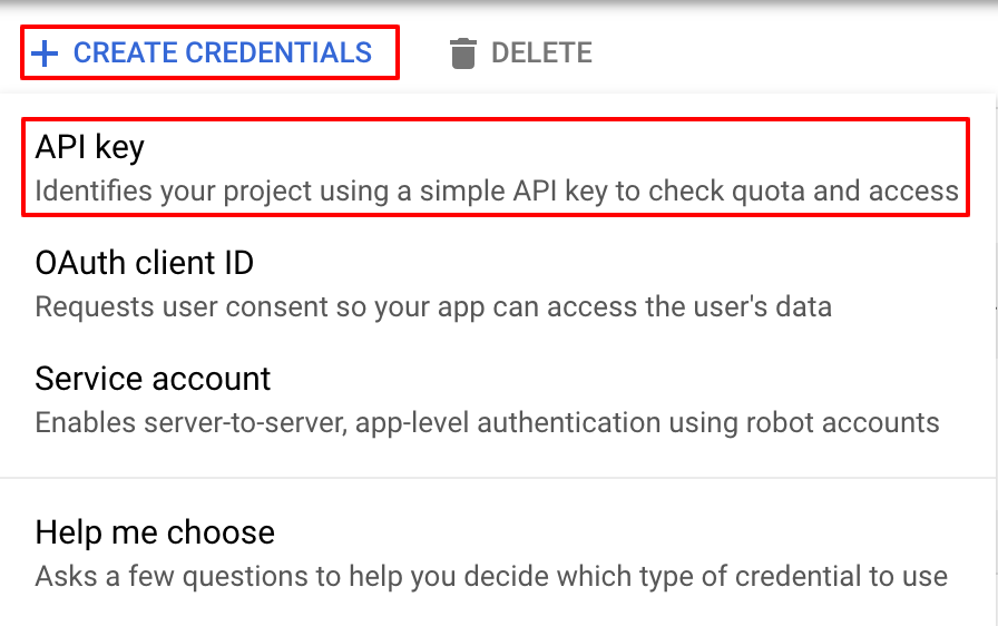 api key option highlighted in the dropdown menu