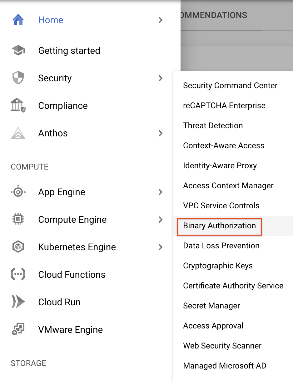 Expanded Navigation menu with Binary Authorization option highlighted