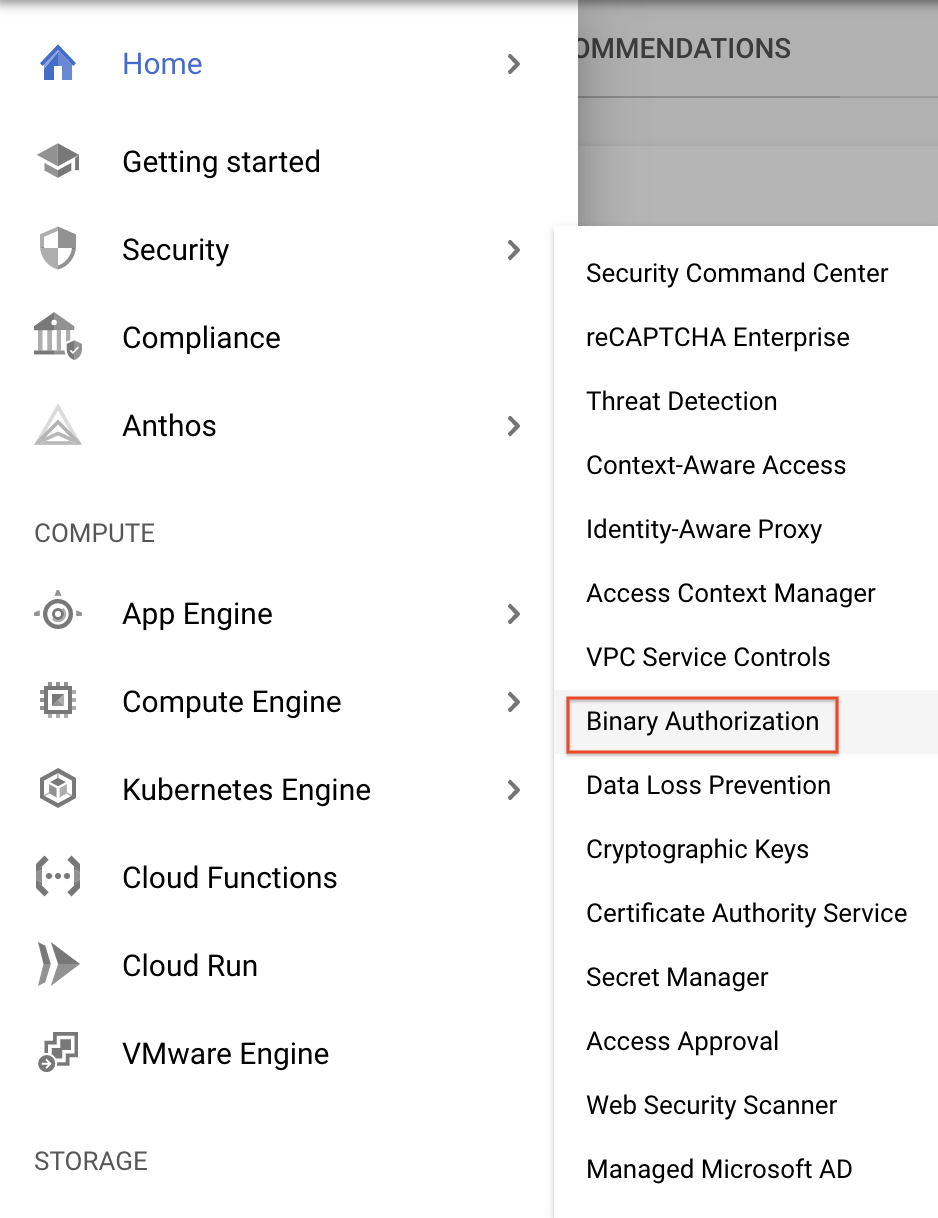 ナビゲーション メニューが開かれていて、Binary Authorization オプションがハイライト表示されている