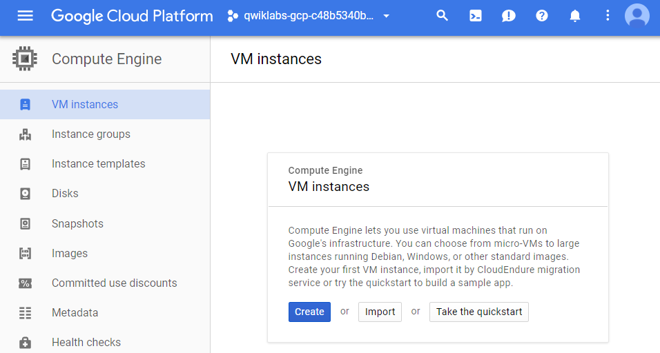 VM instances page displaying the Create button