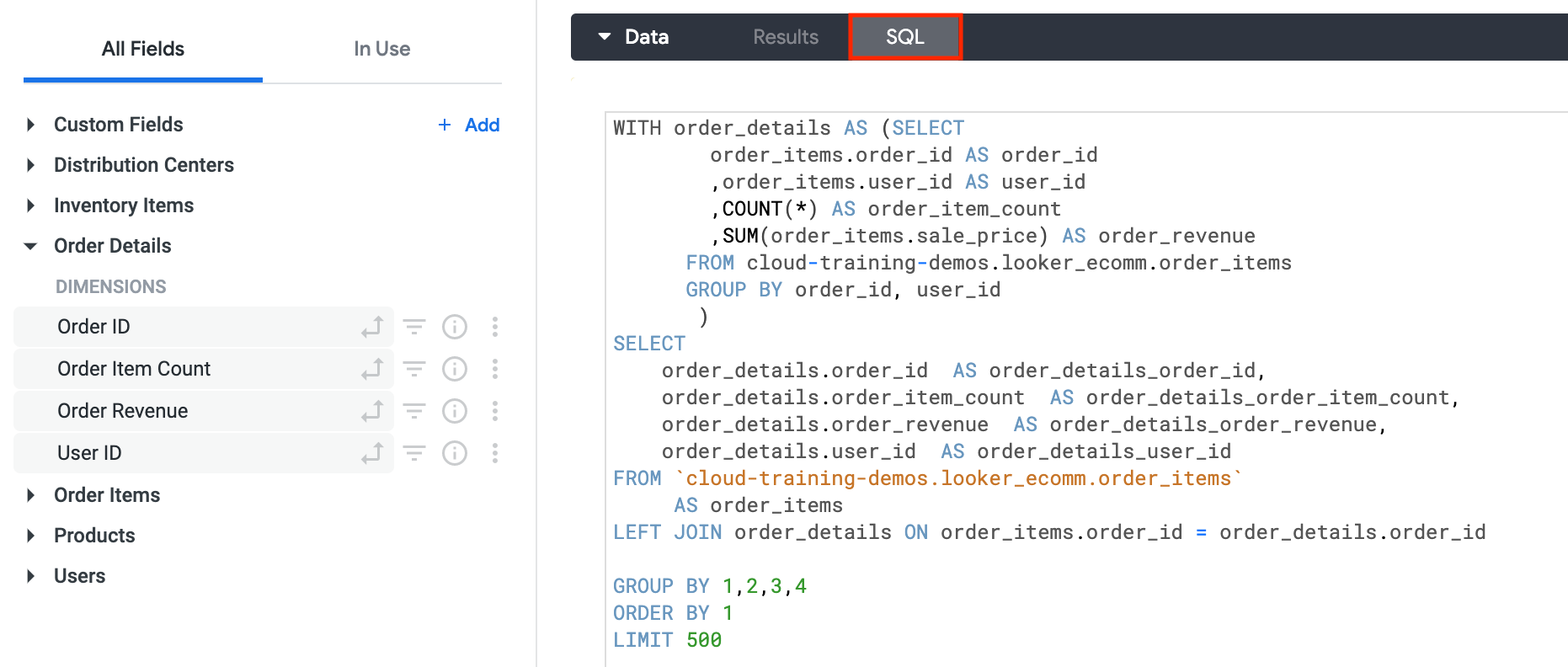 SQL tabbed page displaying the generated SQL query