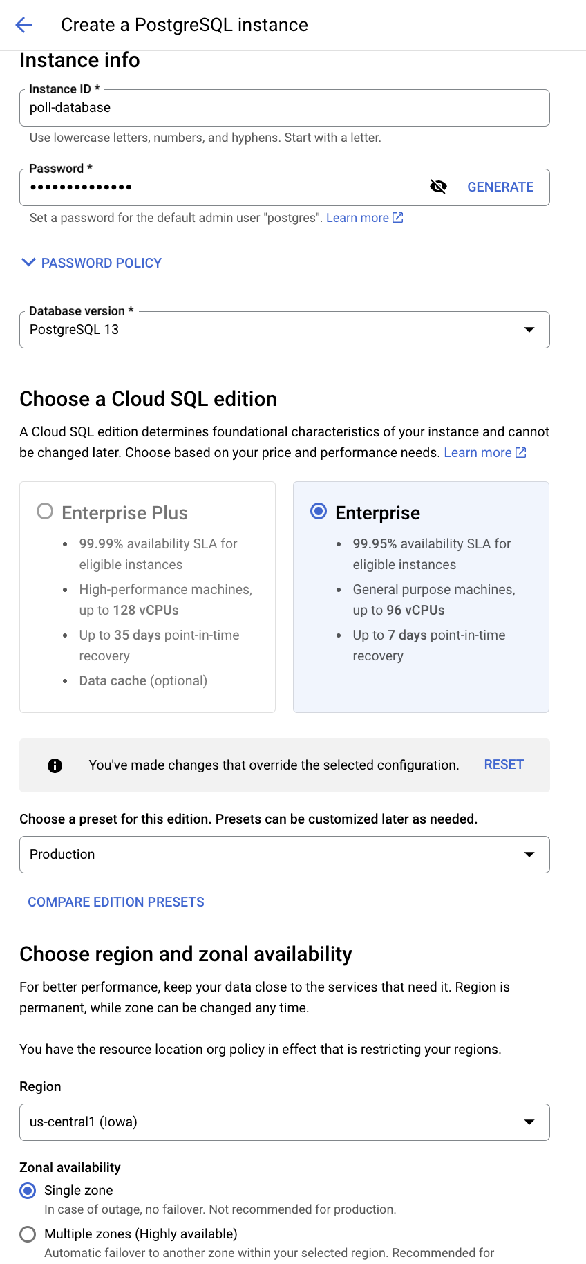 The Create a PostgreSQL instance dialog box