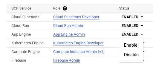 UI の Cloud Functions の横にある [ステータス] プルダウン メニューで [有効] オプションがハイライト表示されている