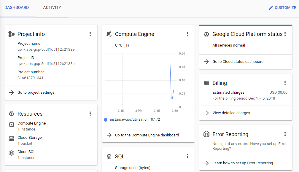 The project dashboard which includes tiles for Project info, Compute engine, Resources, Billing, and Error reporting