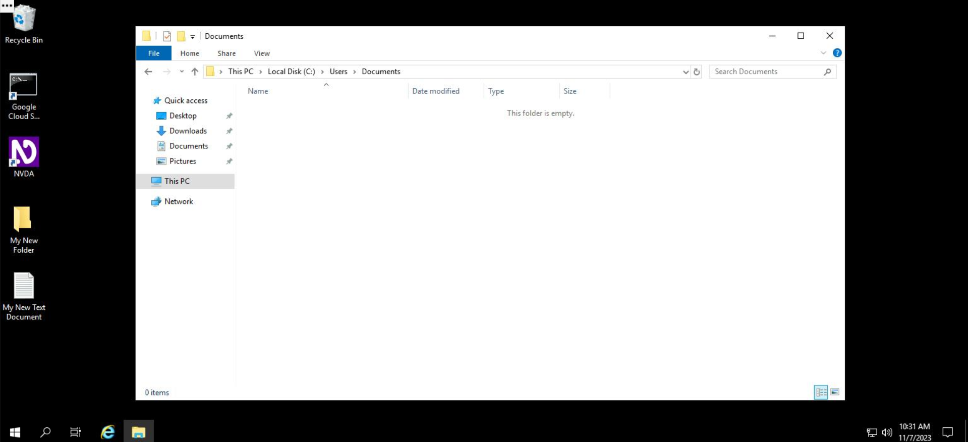 Screenshot of File Explorer in the "Documents" folder. The folder is empty.