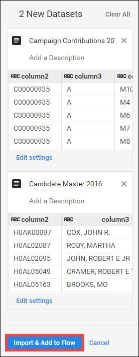 Two datasets listed in the right pane