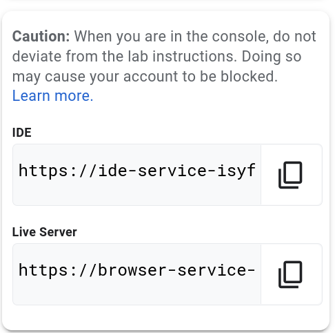 Lab Details pane with the IDE and teh Live Server addresses