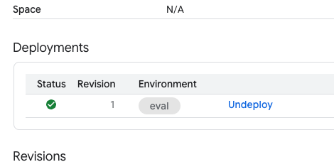 The Deployments section displaying a green check mark for Revision 1 on eval, indicating that the proxy is deployed